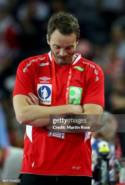 Christian Berge, head coach of Norway looks dejected during the Men's Handball European Championship main round match between Croatia and Norway at...