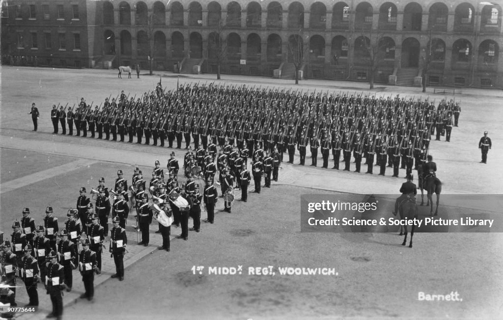 1st Middlesex Regiment on parade, Woolwich, London, 1914-1918.