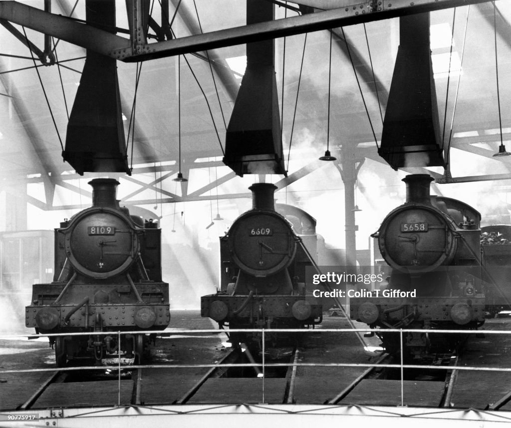Three locomotives, Tyseley Roundhouse, Birmingham, July 1963.