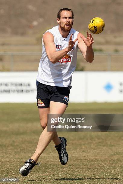 Ben Hudson of the Bulldogs marks during a Western Bulldogs AFL training session at Whitten Oval on September 15, 2009 in Melbourne, Australia.