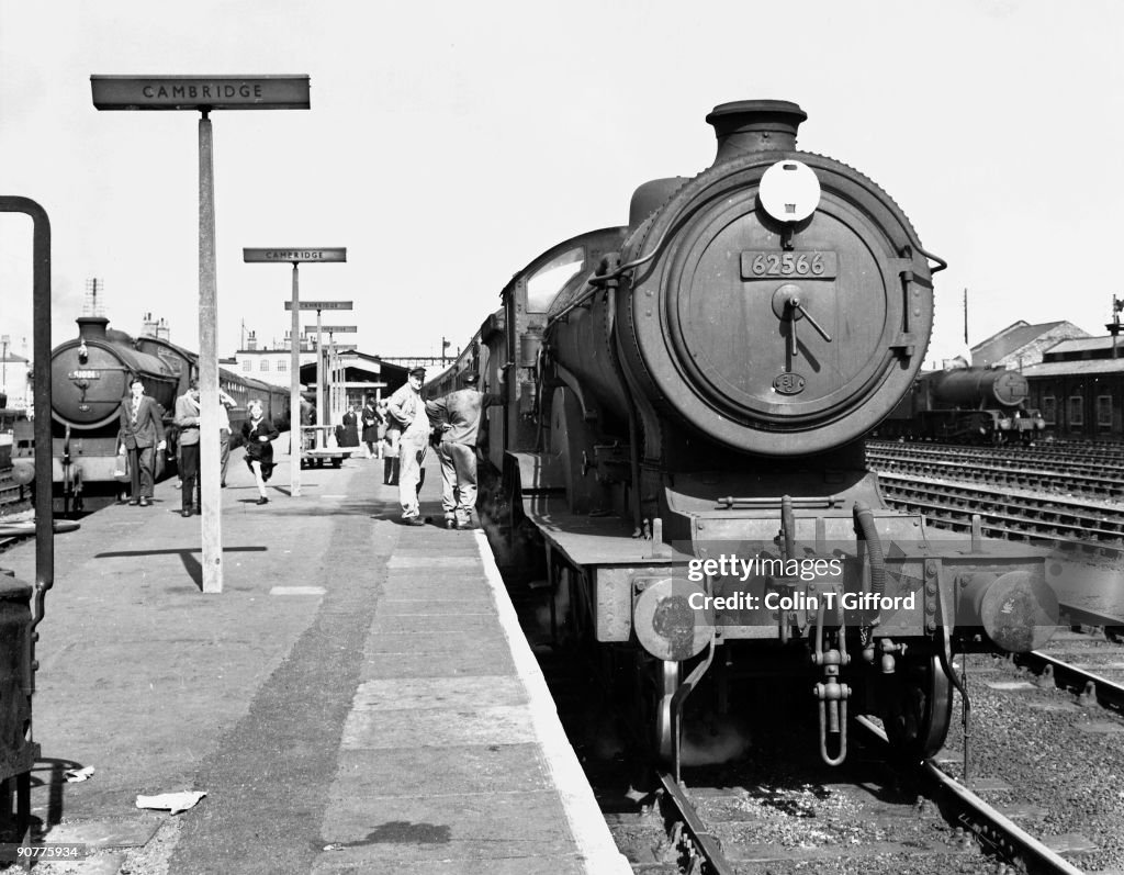 Steam locomotives at Cambridge Station, August 1958.