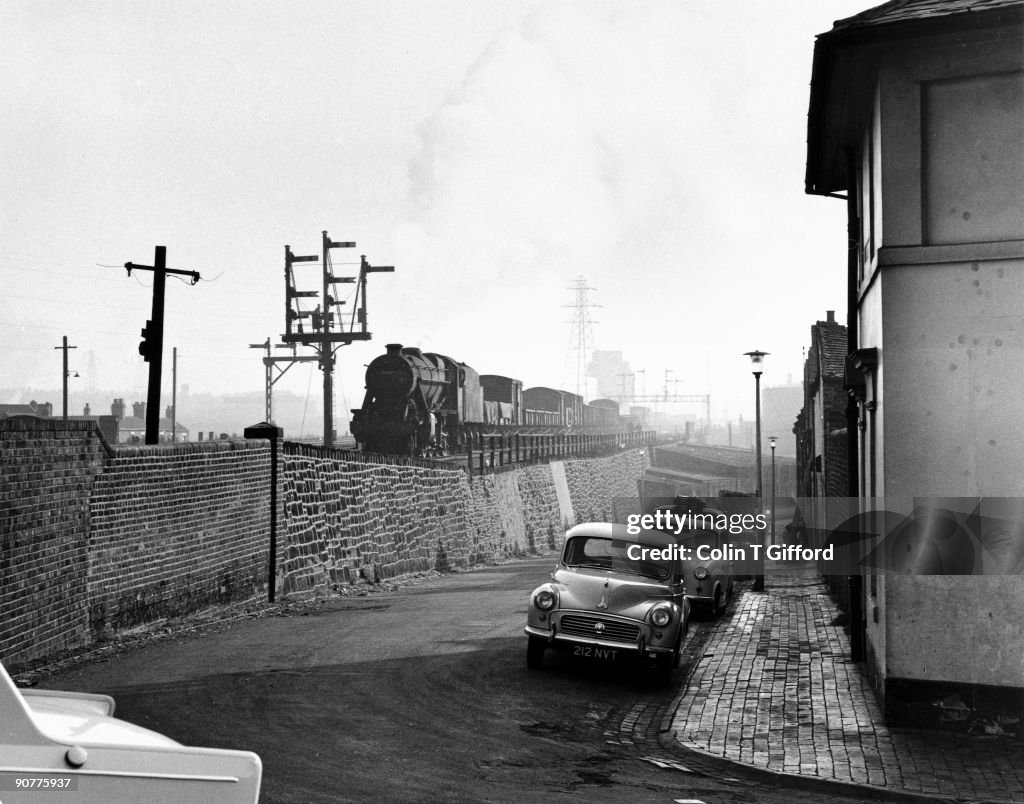 Steam locomotive approaching Stoke-on-Trent Station, November 1964.