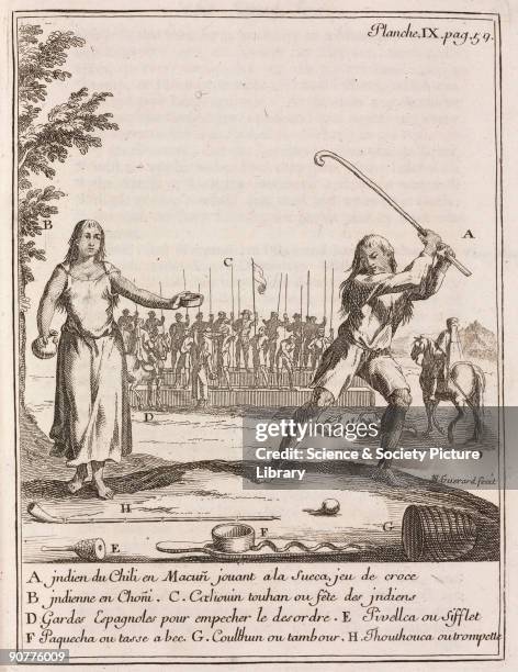 Engraving showing a Chilean playing �succa�, a variation of hockey or lacrosse ; a Chilean from Choni ; �Indian festival� ; Spanish guards...