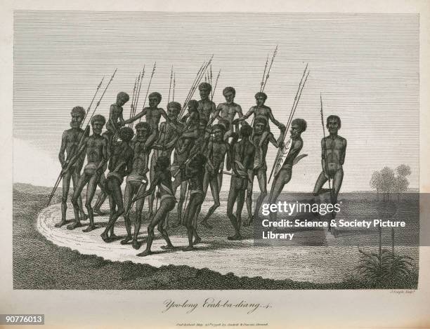 Engraving by Neagle of a group of aboriginal men and boys taking part in an initiation ritual. 'On the arrival of this curious party at the...