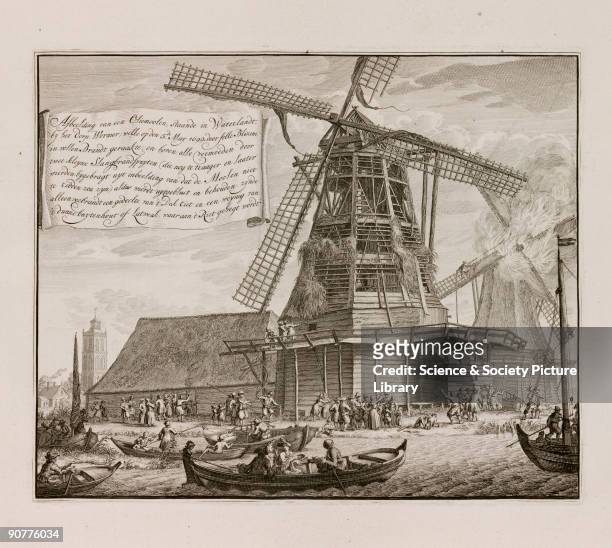 Engraving by Jan van der Heiden. Lightning started a fire in a windmill near the village of Wormer, Holland . It was saved by two small fire engines....