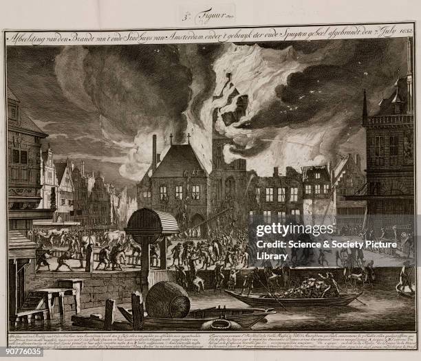Engraving by Jan van der Heiden, first published 1690. The old fire engine is being used with rows of people ferrying buckets to the fire . As a...