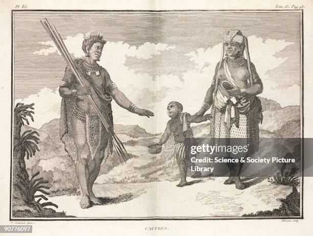 Engraving by Poisson after a painting by Pierre Sonnerat , showing a family from what is now South Africa. Illustration from Sonnerat's 'Voyage aux...