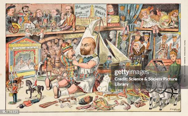 Satirical lithograph showing the Prince of Wales , wearing children�s clothes, surrounded by toys, dolls and games including a working exhibit...