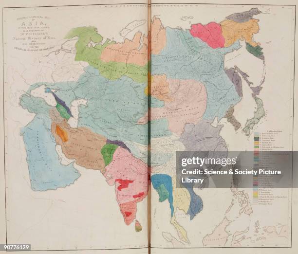 Map showing the distribution of various tribes and ethnic groups in Asia. Illustration from �Six ethnographical maps, illustrative of �The natural...