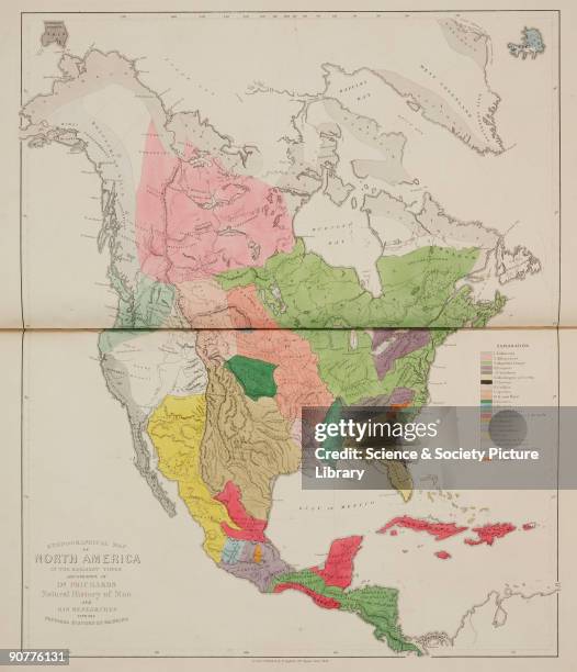 Map showing the distribution of various tribes and ethnic groups in what is now Canada, the United States and Central America. Illustration from �Six...