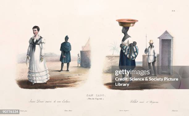 Lithograph by Michel after de Sainson, showing a young European woman followed by her slave, a woman carrying her baby on her back, and a soldier by...