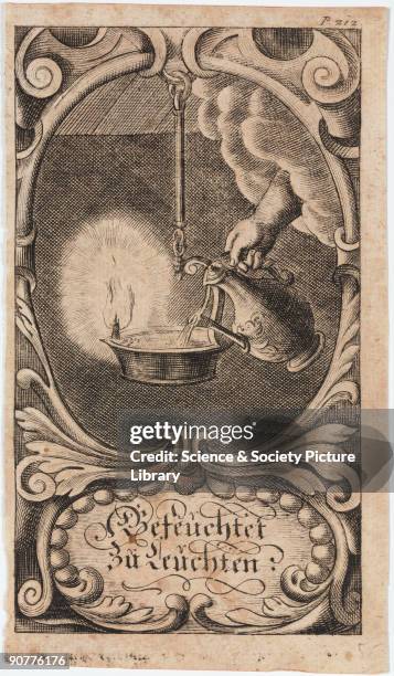 �Befeuchtet zu Leuchten�. Engraving issued in Nuremberg, Germany in 1709 showing oil being added to a lamp to replenish the light. From a collection...