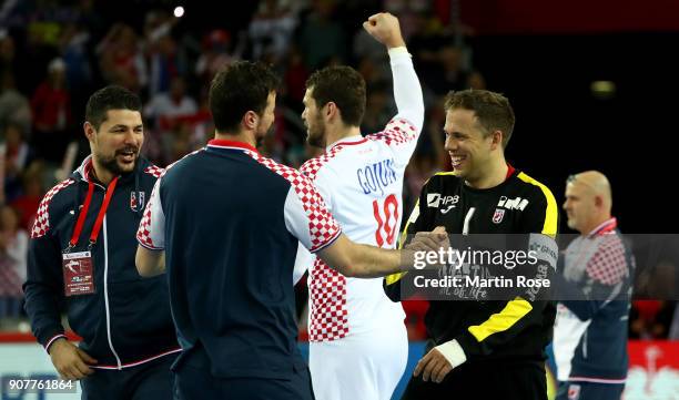 Ivan Stevanovic , goalkeeper of Croatia celebrate with team mate Domagoj Duvnjak after the Men's Handball European Championship main round match...