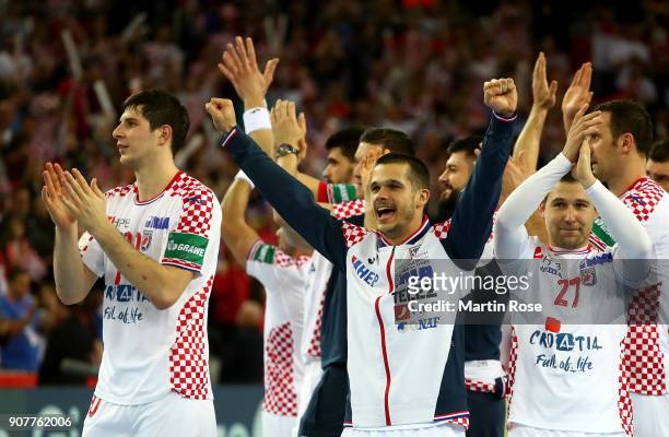 Team members of Croatia celebrate victory after the Men's Handball European Championship main round match between Croatia and Norway at Arena Zagreb...