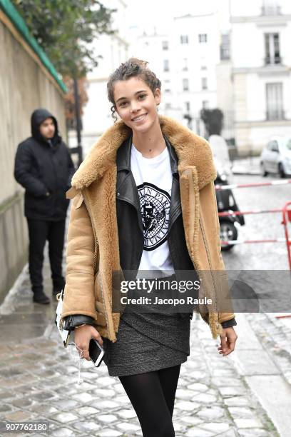 Model arrives at Balmain Homme Menswear Fall/Winter 2018-2019 show as part of Paris Fashion Week on January 20, 2018 in Paris, France.