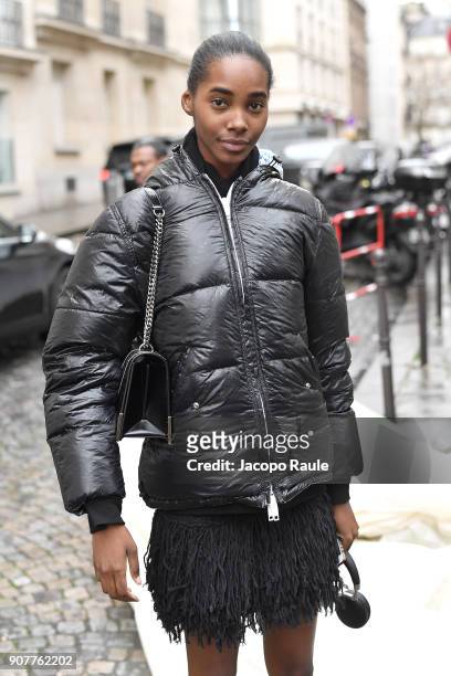 Model arrives at Balmain Homme Menswear Fall/Winter 2018-2019 show as part of Paris Fashion Week on January 20, 2018 in Paris, France.