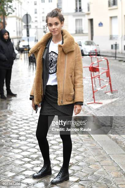 Model arrives at Balmain Homme Menswear Fall/Winter 2018-2019 show as part of Paris Fashion Week on January 20, 2018 in Paris, France.