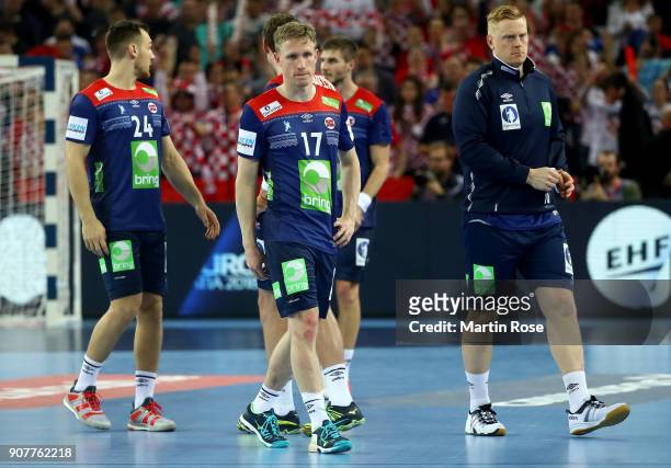 Magnus Jondal of Norway looks dejected after the Men's Handball European Championship main round match between Croatia and Norway at Arena Zagreb on...