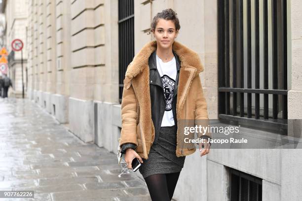 Model arrives at Balmain Homme Menswear Fall/Winter 2018-2019 show as part of Paris Fashion Week on January 20, 2018 in Paris, France.