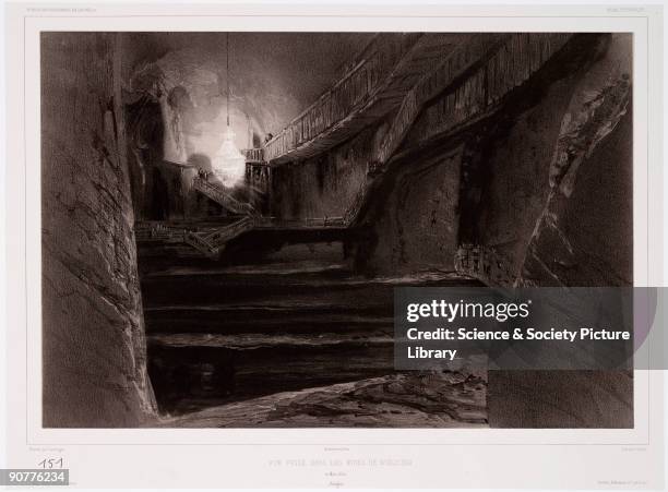 ?Vue Prise dans les Mines de Wieliczka?. Tinted lithograph by Sabatier, after a drawing by Lauvergne, showing a huge underground cavern in a salt...