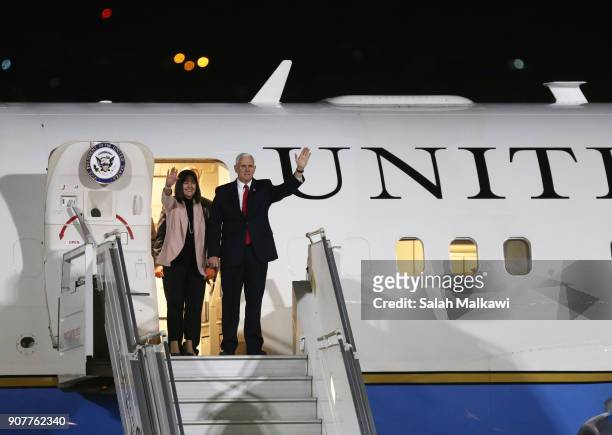 Vice President Mike Pence and his wife Karen Pence wave as they arrive at Marka airport onJanuary 20 in Amman, Jordan. Pence is on a Middle East tour...