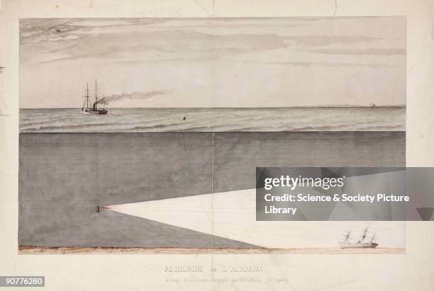 Watercolour drawing entitled �Recherche a l�Alabama�, in the form of a stratified diagram showing Ernest Bazin�s electric light being used to locate...