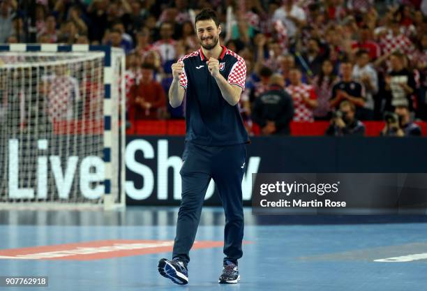 Domagoj Duvnjak, injured player of Croatia celebrates after the Men's Handball European Championship main round match between Croatia and Norway at...