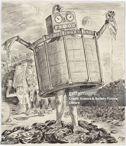 Cartoon drawing in pen and ink by F Carruthers Gould depicting a monster with a gasometer for a body and a gas meter for a head. The monster strides...