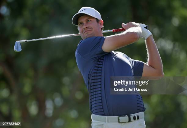 Harris English plays his shot from the sixth tee during the third round of the CareerBuilder Challenge at the TPC Stadium Course at PGA West on...