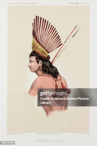 Lithograph by Pochet of an indigenous Brazilian of the Apinage tribe in the state of Maranhao. He wears earplugs and an exotic headdress and carries...