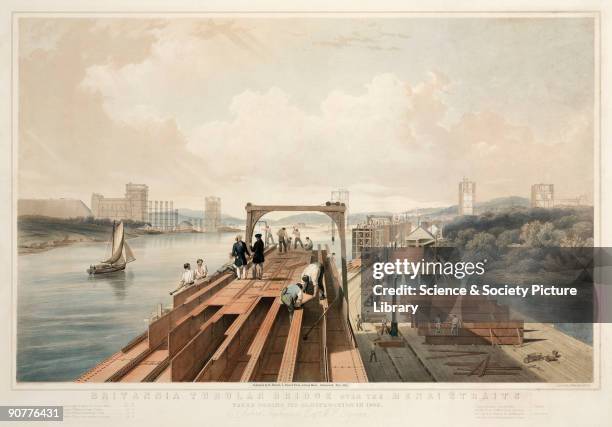 Coloured lithograph by George Hawkins , showing a view of the construction of the Britannia Tubular Bridge over the Menai Straits. The Britannia...