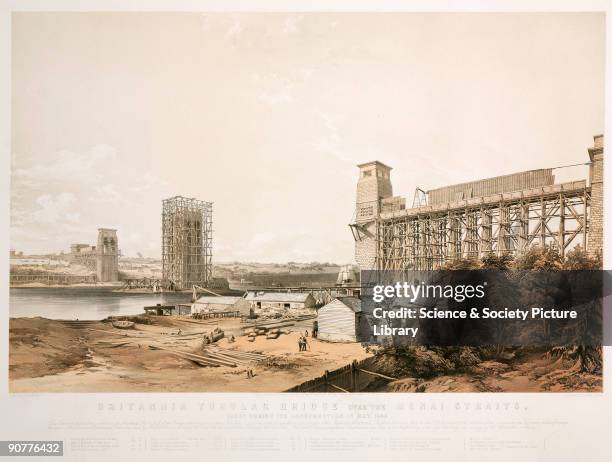 Coloured lithograph by George Hawkins , showing a view of the construction of the Britannia Tubular Bridge over the Menai Straits. The Britannia...