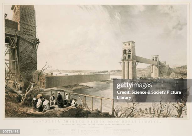 Coloured lithograph by George Hawkins , showing a view of �the floating of the second tube� during the construction of the Britannia Tubular Bridge....