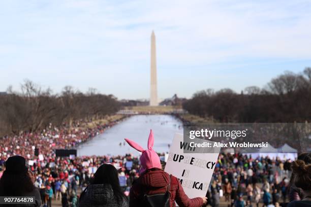 People gather at the Lincoln Memorial reflecting pool to rally before the Women's March on January 20, 2018 in Washington, D.C. Across the nation,...