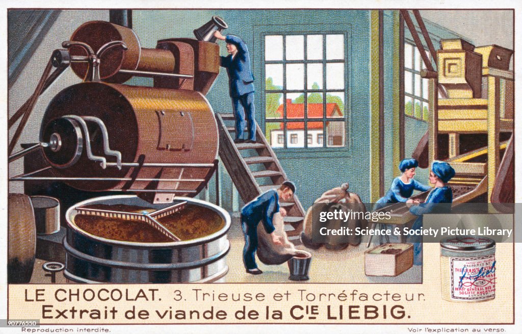 A chocolate factory at work, Liebig trade card, early 20th century.