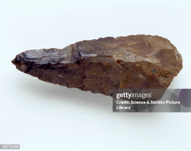 Mesolithic hand axe, found in Saint Acheul, near Amiens, France. Acheulian axes were made by hammering flakes off a piece of flint using a tool made...