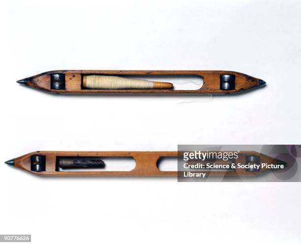 These two shuttles are of a type designed for use on the fly shuttle loom introduced by John Kay in 1733. They have iron-tipped ends, rollers...