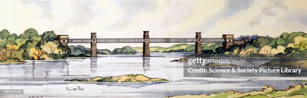 The Britannia Tubular Bridge, Wales, BR (LMR) carriage print, early 1950s.
