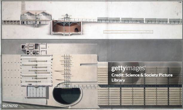 Drawing showing a cross-section of a sawmill at Chatham, Kent. In the 16th century Henry VIII established a dockyard and naval base at Chatham due to...