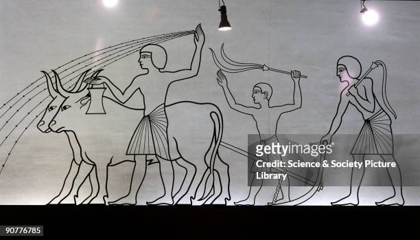 Wrought iron mural panel illustrating ancient Egyptian farming techniques, made by Ralph Stephenson Lavers in 1951 and based on tomb drawings. The...