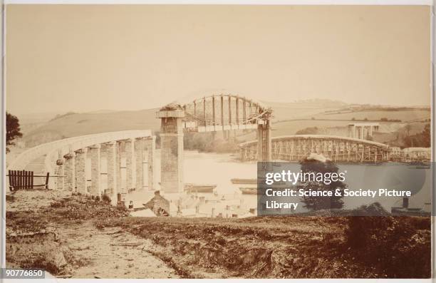 The construction of the Royal Albert Bridge at Saltash, Devon. The bridge was designed by Isambard Kingdon Brunel for the Cornwall Railway. It took...