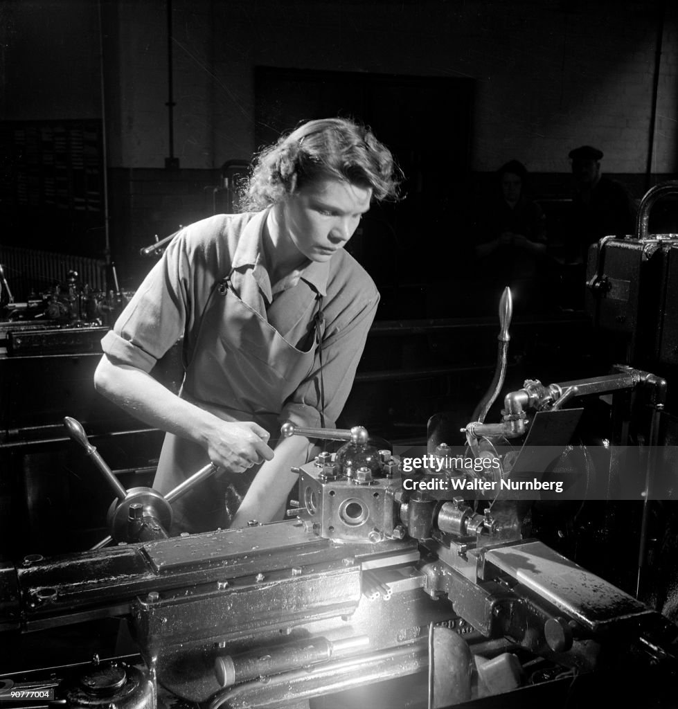 Woman at lathe, Leicester , 1951.