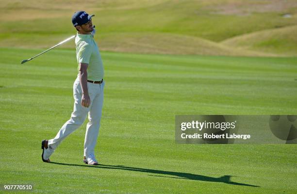 Andrew Landry plays his shot on the first fairway during the third round of the CareerBuilder Challenge at the TPC Stadium Course at PGA West on...