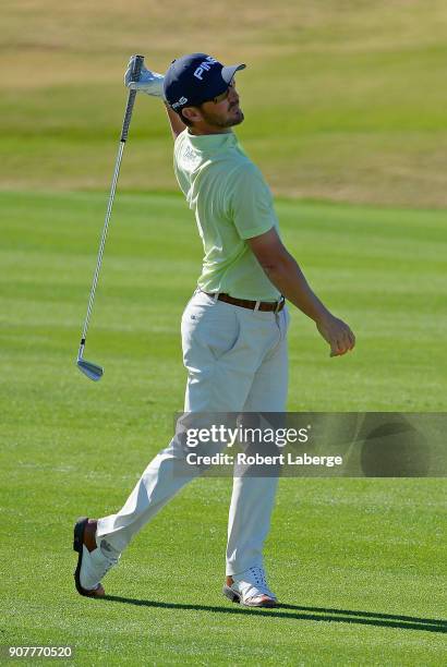 Andrew Landry plays his shot on the first fairway during the third round of the CareerBuilder Challenge at the TPC Stadium Course at PGA West on...