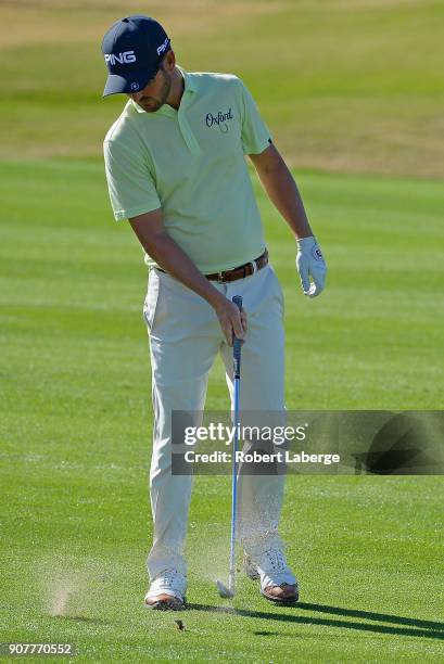 Andrew Landry reacts to his shot on the first fairway during the third round of the CareerBuilder Challenge at the TPC Stadium Course at PGA West on...