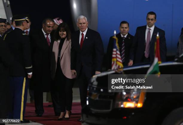 Vice President Mike Pence and his wife Karen Pence arrive at Marka airport onJanuary 20 in Amman, Jordan. Pence is on a Middle East tour overshadowed...