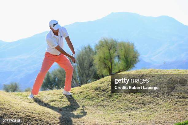 Smylie Kaufman plays his shot on the first hole during the third round of the CareerBuilder Challenge at the TPC Stadium Course at PGA West on...