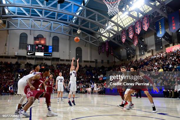Jake Silpe of the Pennsylvania Quakers helps the team pull ahead on a free throw before halftime during the first half at The Palestra on January 20,...