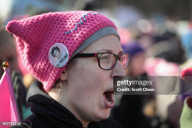 People rally downtown for the Second Annual Womens March on January 20, 2018 in Chicago, Illinois. The march was held to encourage women to fight for...