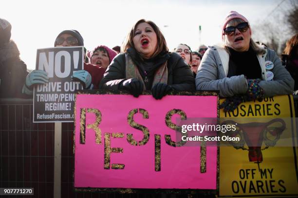 People rally downtown for the Second Annual Womens March on January 20, 2018 in Chicago, Illinois. The march was held to encourage women to fight for...